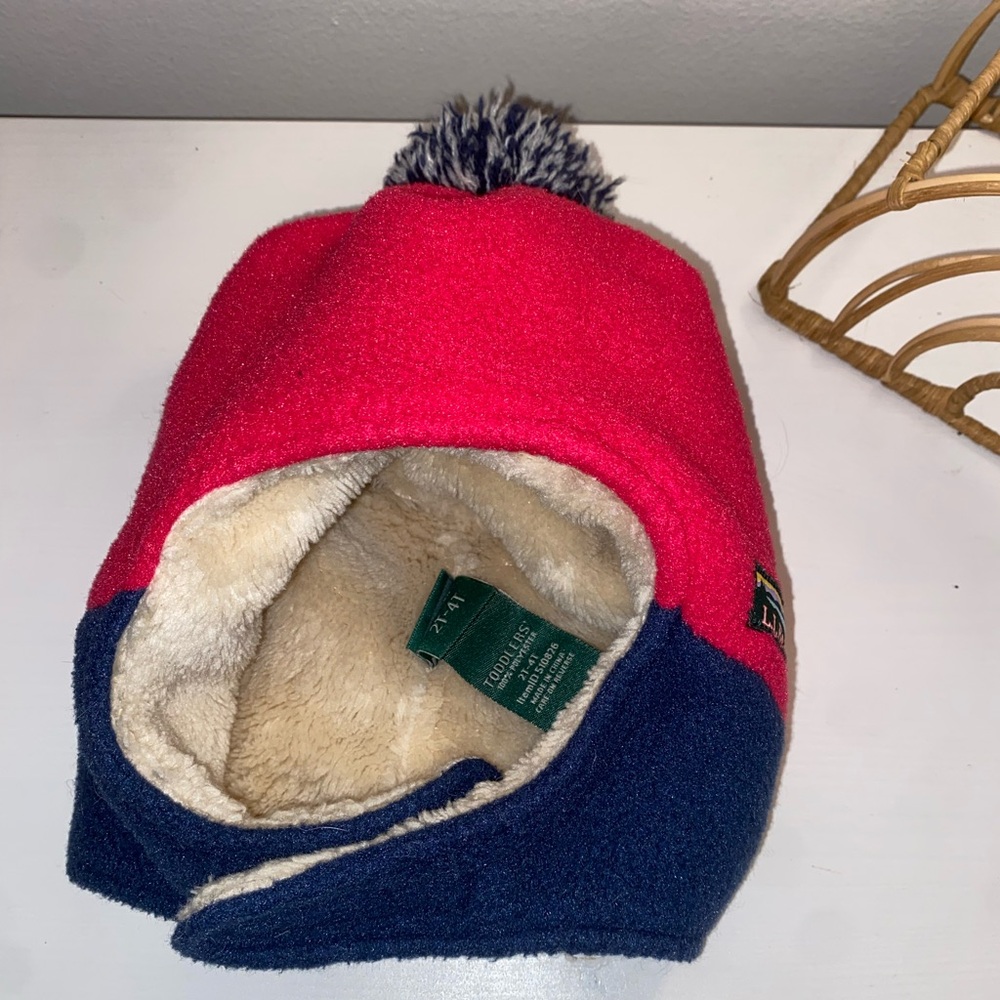LL Bean Red and Blue Knit Hat with Pom-Pom